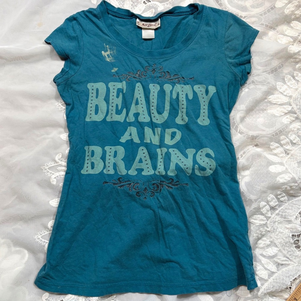 Y2K Cute Self Esteem Beauty and Brains Graphic Tee Teal Blue Short Sleeve Top